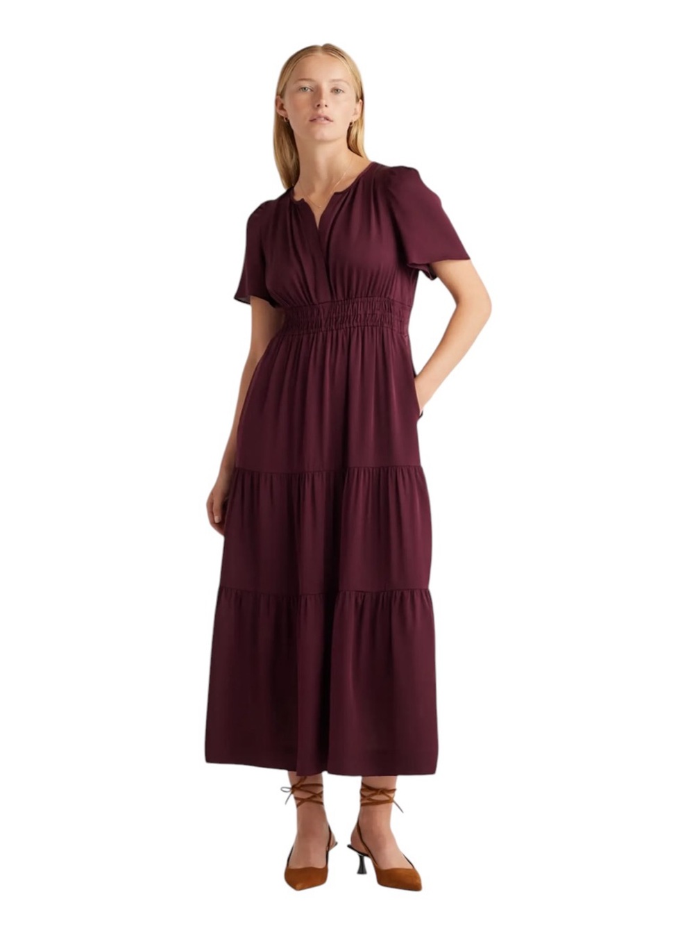 Quince Washable Stretch Silk Tiered Maxi Dress Womens Large In Wine Tasting Red